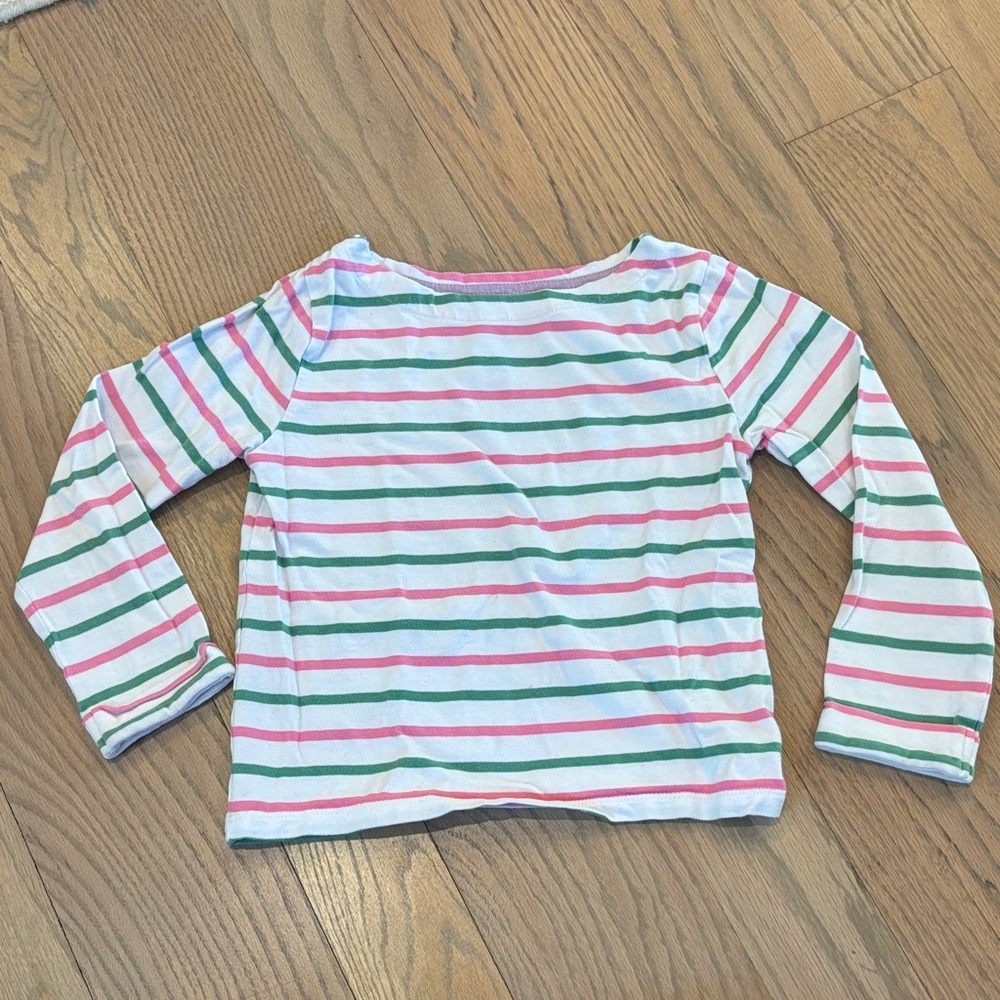 Boden Girls' White Long Sleeve Striped Tee with Pink & Green